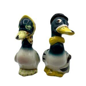 Vintage Ceramic Duck Couple Salt & Pepper Shakers Hand-Painted Kitschy Kitchen